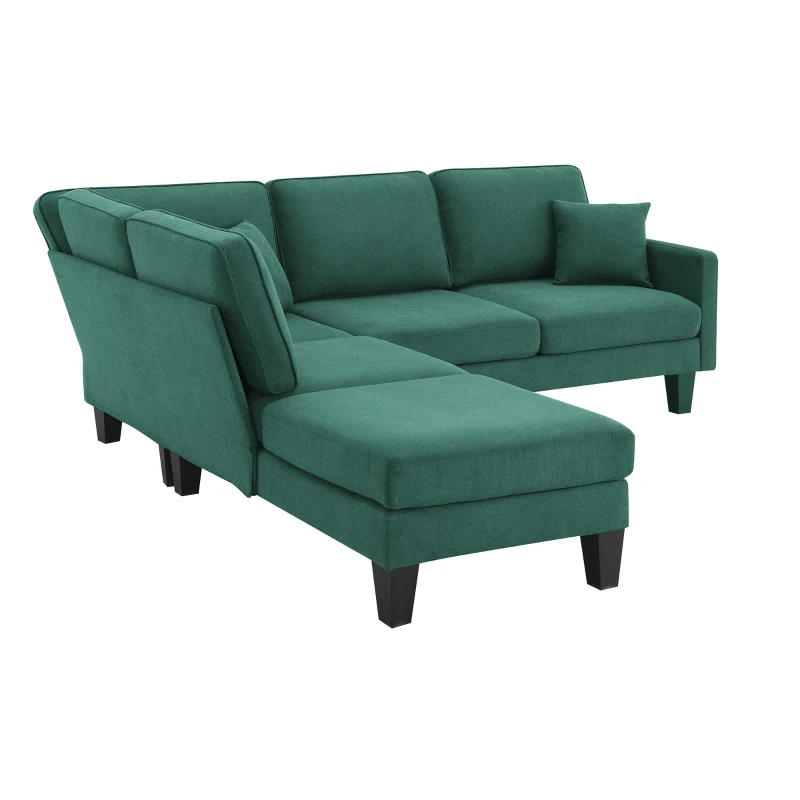 Modern 5-Seat L-Shape Sectional Sofa Set with Chaise Lounge and 3 Pillows, Terrycloth Fabric, 90″ L x 88″ W x 35″ H, Green