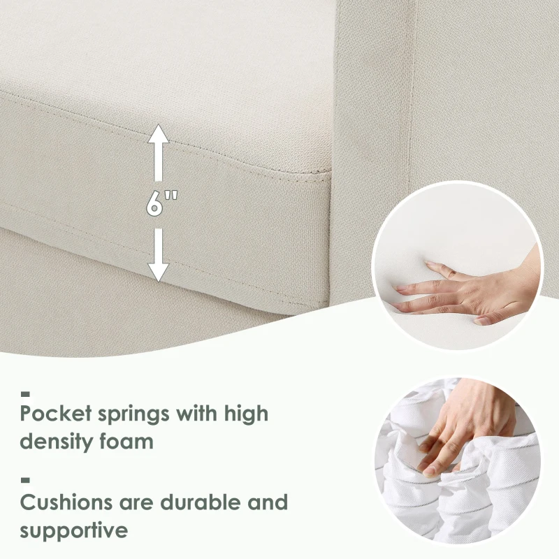 Modern 5-Seat L-Shape Sectional Sofa with Chaise Lounge and 3 Pillows, Terrycloth Upholstery, 90″ L x 88″ W x 35″ H, Beige