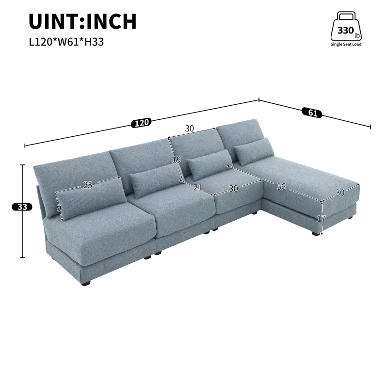 Oversized Deep Seat Sectional Sofa with Reversible Chaise, Loop Yarn Fabric, 5-Seat Couch for Living Room, 120″ L x 61″ W x 33″ H, Blue