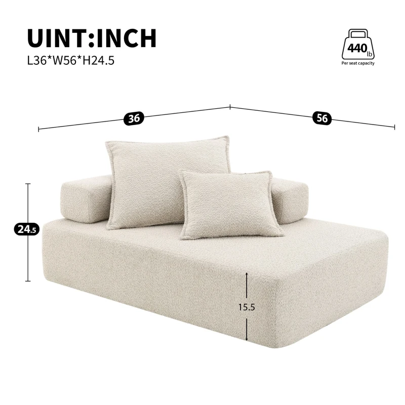 Lounge Frame for Oversized Modular U Shaped Sectional Sofa, Spacious Foam-Filled Sofa Bed for Living Room, 56" L x 36" W x 24.5" H, Beige