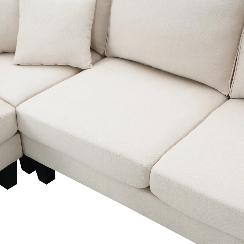 Modern 5-Seat L-Shape Sectional Sofa with Chaise Lounge and 3 Pillows, Terrycloth Upholstery, 90″ L x 88″ W x 35″ H, Beige