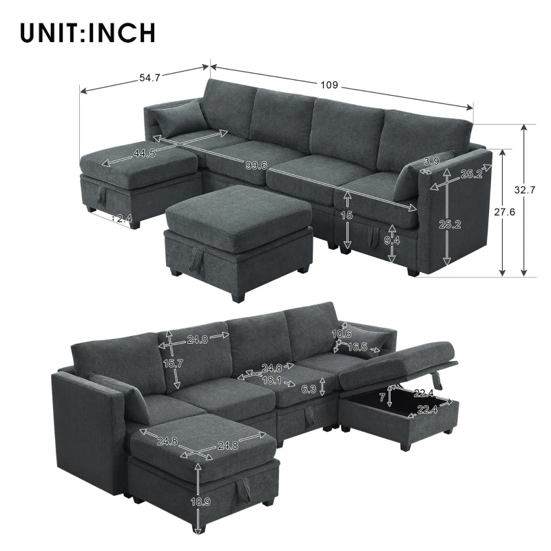 109" U-Shaped Chenille Modular Sectional Sofa with Adjustable Armrests and Backrests, 6-Seat Reversible Sofa, 109″ L x 55″ W x 33″ H, Grey