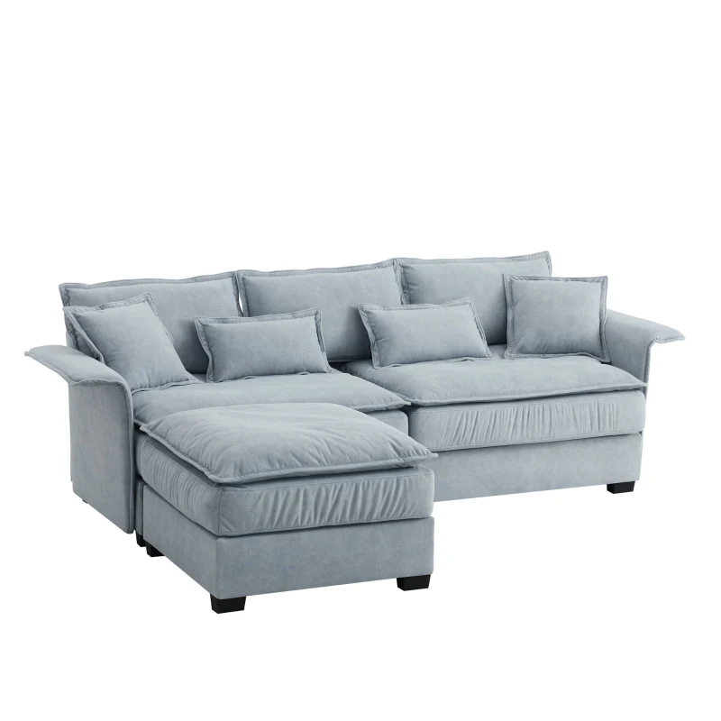 Oversized Luxury Sectional Sofa with Bentwood Armrests, Double Cushions, Ottoman, 4-Seat, L Shape Couch for Living Room, Blue