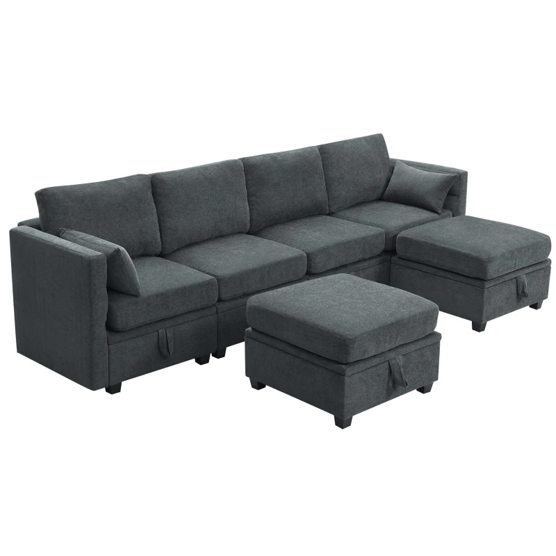 109" U-Shaped Chenille Modular Sectional Sofa with Adjustable Armrests and Backrests, 6-Seat Reversible Sofa, 109″ L x 55″ W x 33″ H, Grey