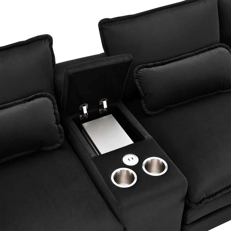 123" Modern U-Shaped 6-Seat Upholstered Sleeper Sofa Set with Console, Cupholders, USB Ports, and Chaise, 123″ L x 55″ W x 33″ H, Black