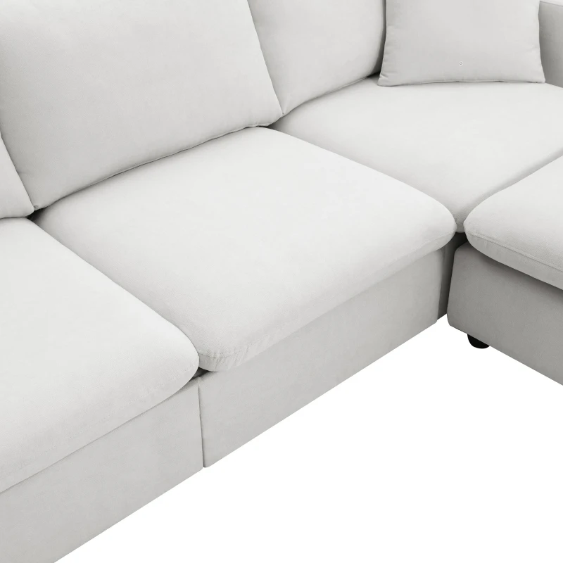 Modern L-Shaped 4-Seat Polyester Fabric Sectional Sofa Set with Convertible Ottoman and 2 Free Pillows, for Living Room, White