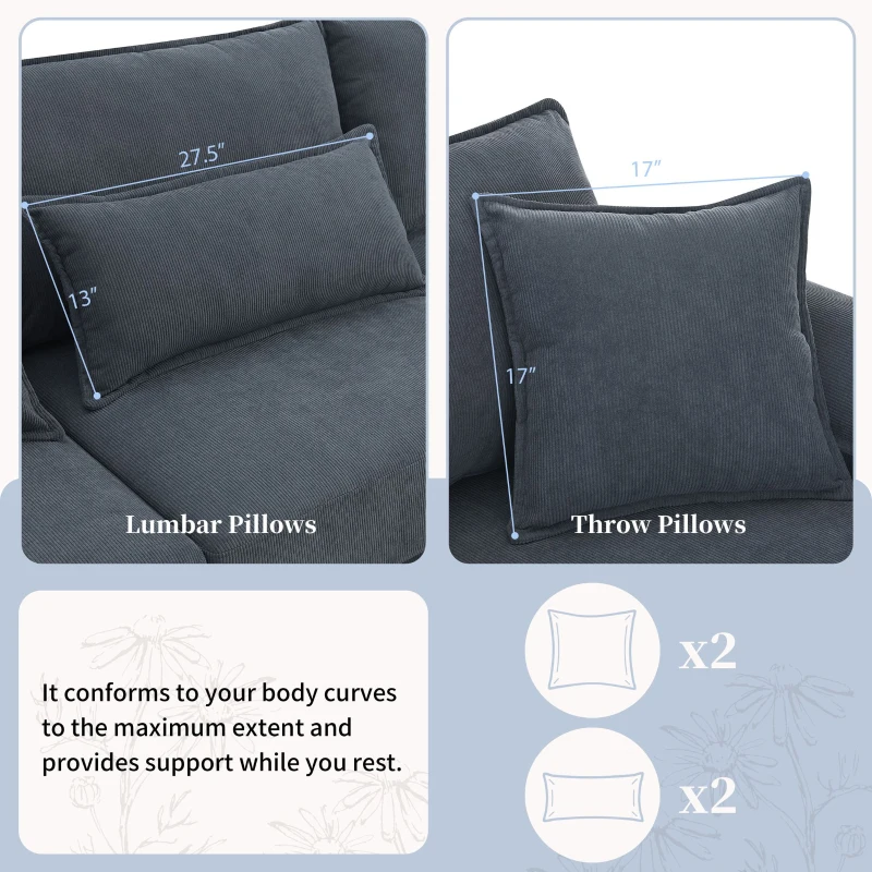 Wide Seat Corduroy Modular Sectional Sofa Bed, Couch Set with Armrest Pillow, 6 Seat Free Combination Sofa, 73" L x 65" W x 34" H, Gray