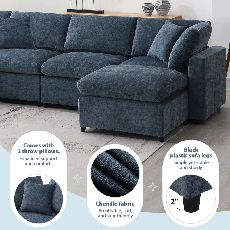 130" x 65" Modern Modular Cloud Sofa Bed with Ottoman, 6-Seat, Convertible U Shaped Sofa for Living Room, Apartment, Dark Blue