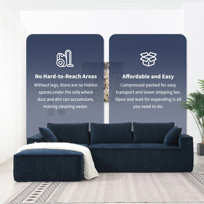 Minimalist Modular Sectional Sofa, Wrinkle-Resistant Chenille, L-Shaped Sleeper, No Assembly Required, 111.5" L x 72" W x 32" H, Dark Blue