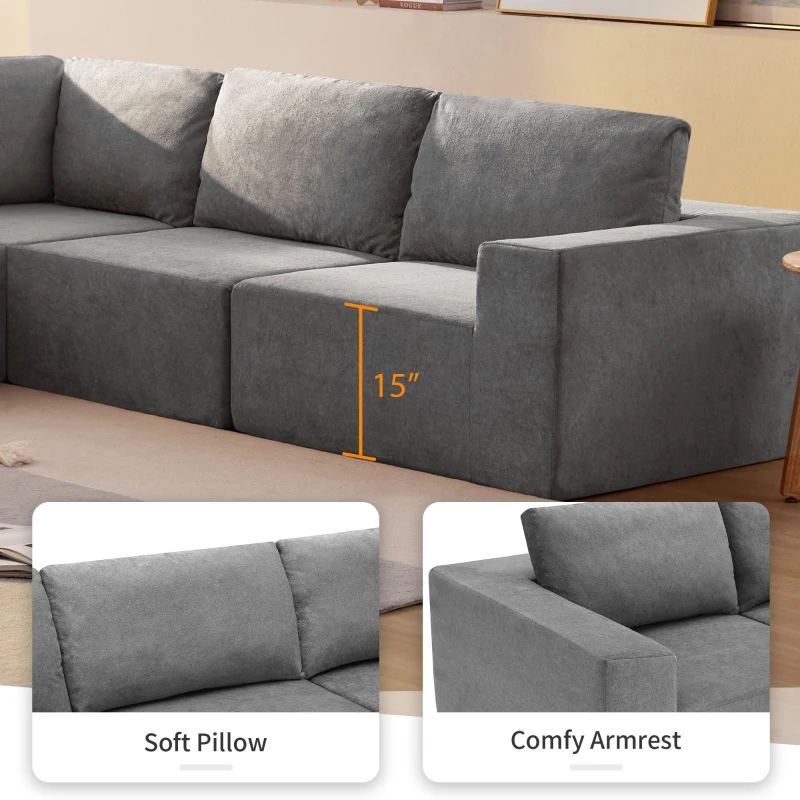 116" Modular L-Shaped Sectional Sofa with 5-Piece Free Combination, Luxury Foam-Filled Sleeper Sofa Bed, 116″ L x 116″ W x 30″ H, Gray