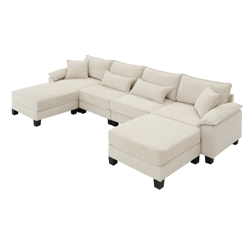 133" x 65" U-Shaped Corduroy Modular Sectional Sofa with Armrest Bags, 6-Seat Freely Combinable Sofa Bed, for Living Room, Beige