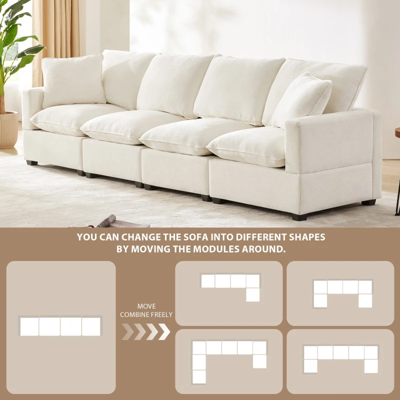 110" Modern 4-Seat Chenille Modular Sofa Set with 2 Pillows, Freely Combinable, for Living Room, 110″ L x 29″ W x 37″ H, White