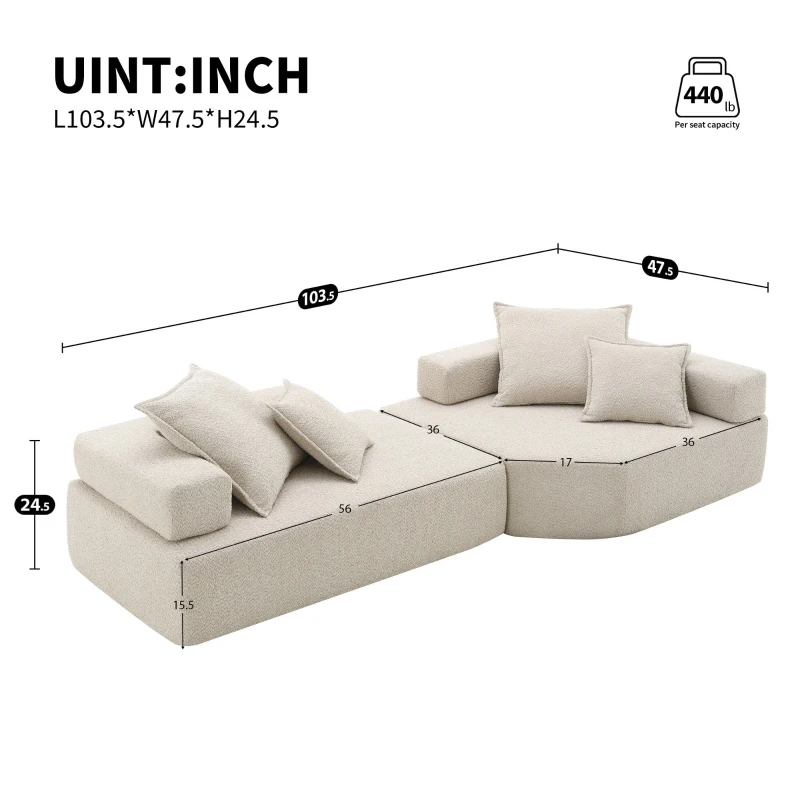 Oversized Modular Sectional Sofa with 2-Piece Free Combination, Spacious Sofa Bed for Living Room, 103.5" L x 47.5" W x 24.5" H, Beige