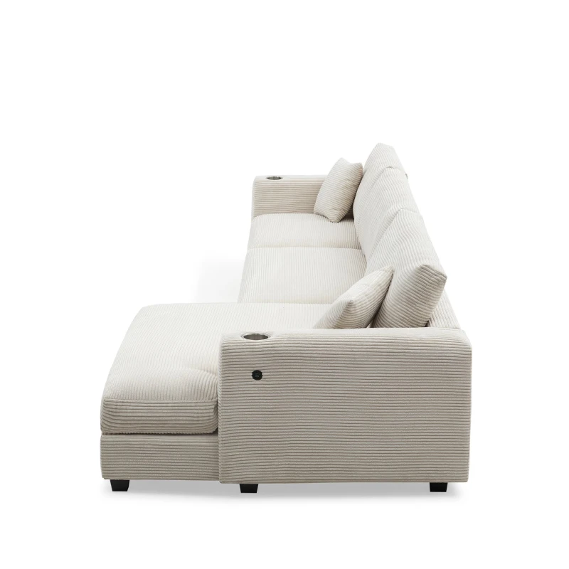 Oversized Corduroy Sectional Sofa with USB Charging Port and Cup Holder, Deep Seat Sofa Bed with 50" Chaise, 134″ L x 54″ W x 25″ H, Beige
