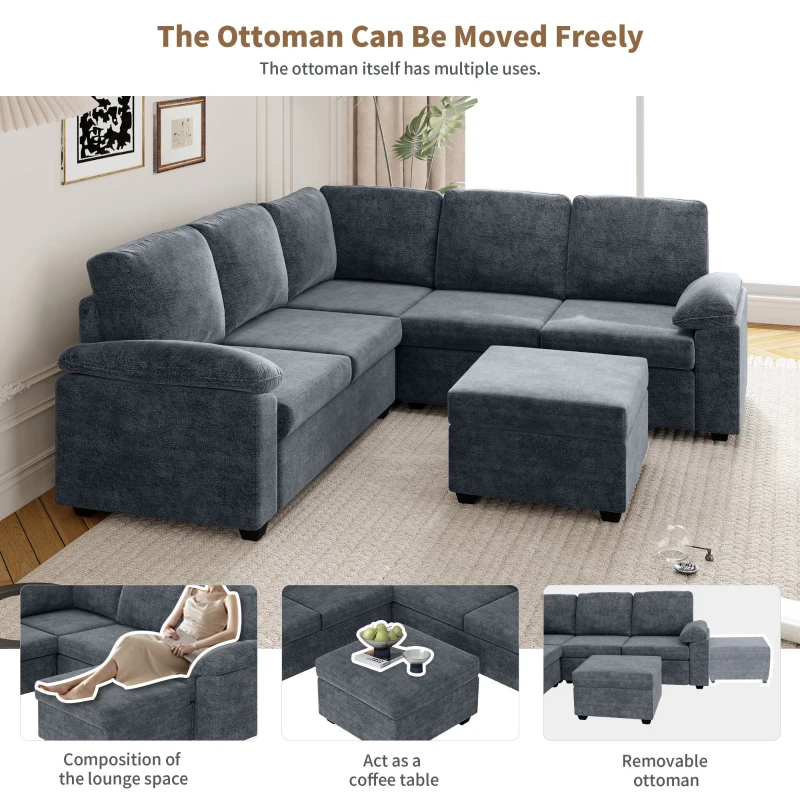 84" x 84" Modern Velvet Sectional Sofa Set with Ottoman and Armrest Pillow, 6-Seat Furniture for Living Room, 84″ L x 84″ W x 35″ H, Gray