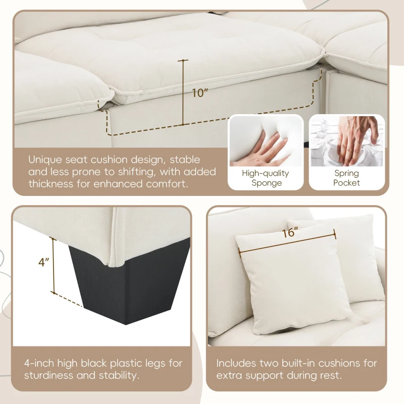 100" Modern L-Shaped Convertible Sectional Sofa with Free Pillows, 4-Seat Sofa for Living Room, 100″ L x 59″ W x 34″ H, Beige