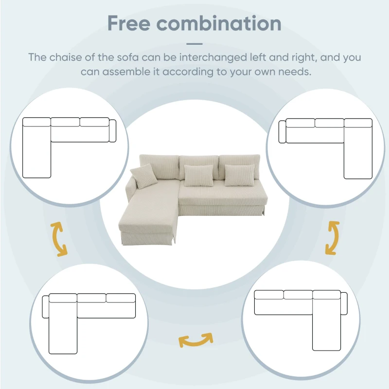 87" x 61" Modern L-Shaped Corduroy Sofa with Reversible Chaise, 4-Seat, Couch with Pillows for Living Room, 87″ L x 61″ W x 33″ H, Beige