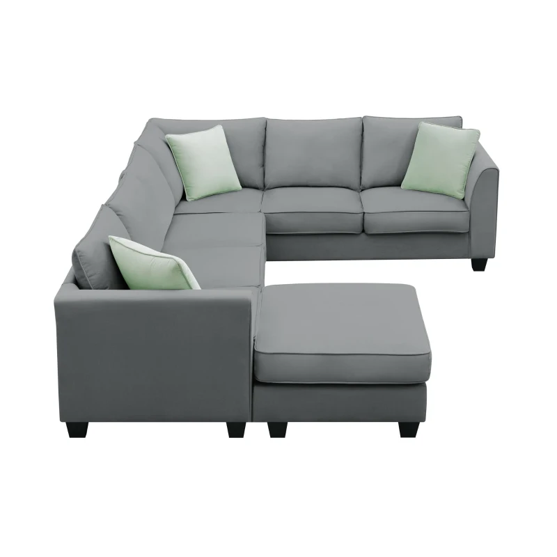 112" x 87" 7-Seater Modular Sofa with Ottoman and 3 Pillows, L-Shaped Fabric Couch Set, Modern Living Room Furniture, Gray