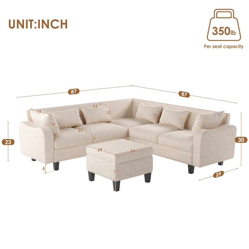 87" Modern Sectional Sofa with Coffee Table, Ottoman, Armrests, 6 Pillows, 6-Seat Couch for Living Room, 87″ L x 87″ W x 30″ H, Beige