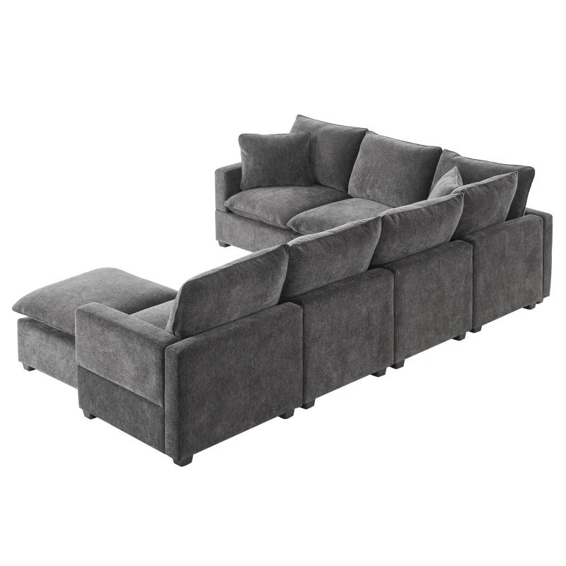 110" x 84" Modern U-Shape 7-Seat Chenille Modular Sofa Set with 2 Pillows, Freely Combinable for Living Room, 110″ L x 84″ W x 37″ H, Black+Gray