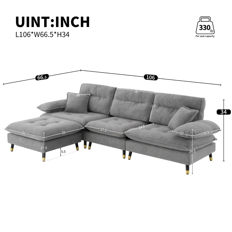 106" L-Shaped Convertible Tufted Sectional Sofa with 4-Seat, Adjustable Legs, Movable Ottoman for Living Room, 106″ L x 66.5″ W x 34″ H, Gray