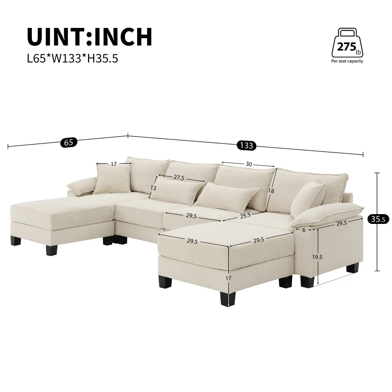 Wide Seat Corduroy Modular Sectional Sofa Bed, Couch Set with Armrest Pillow, 6 Seat Free Combination Sofa, 73" L x 65" W x 34" H, Beige
