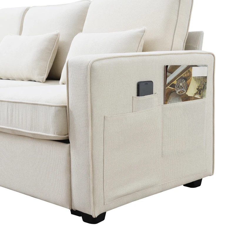 114.5" Modern Linen Fabric Upholstered Sofa with Console, 2 Cupholders, USB Ports, 4 Pillows, 4-Seat, 114.5″ L x 33″ W x 35″ H, Beige