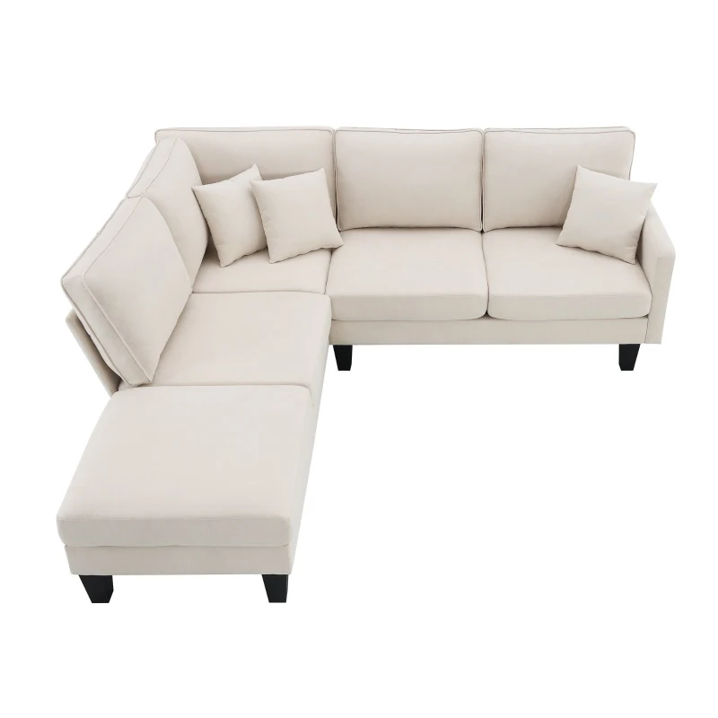 Modern 5-Seat L-Shape Sectional Sofa with Chaise Lounge and 3 Pillows, Terrycloth Upholstery, 90″ L x 88″ W x 35″ H, Beige