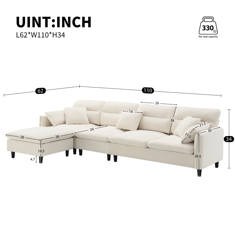 110" x 62" Modern L-Shaped Convertible Sectional Sofa with Free Pillows, 5-Seat Furniture for Living Room, 110″ L x 62″ W x 34″ H, Beige
