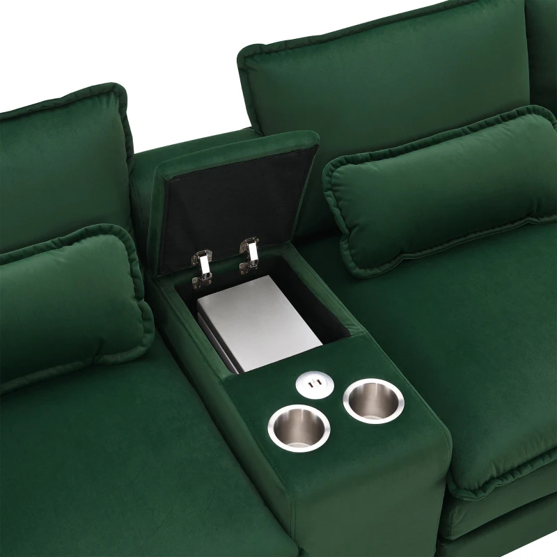 123" Modern U-Shaped 6-Seat Upholstered Sleeper Sofa Set with Console, Cupholders, USB Ports, and Chaise, 123″ L x 55″ W x 33″ H, Green