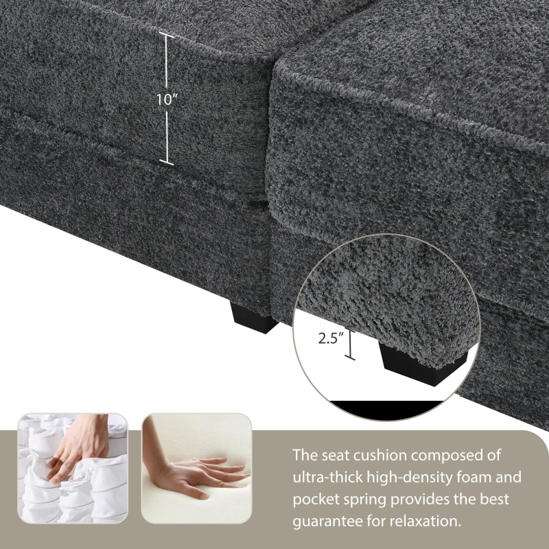 Convertible Sectional Sofa Bed Set with Ottoman, 4-Seat Loveseat for Living Room, Apartment, Office, 81″ L x 55″ W x 32″ H, Gray