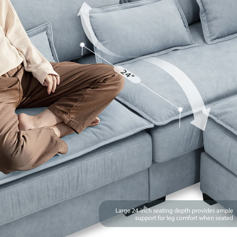 Oversized Luxury Sectional Sofa with Bentwood Armrests, Double Cushions, Ottoman, 4-Seat, L Shape Couch for Living Room, Blue