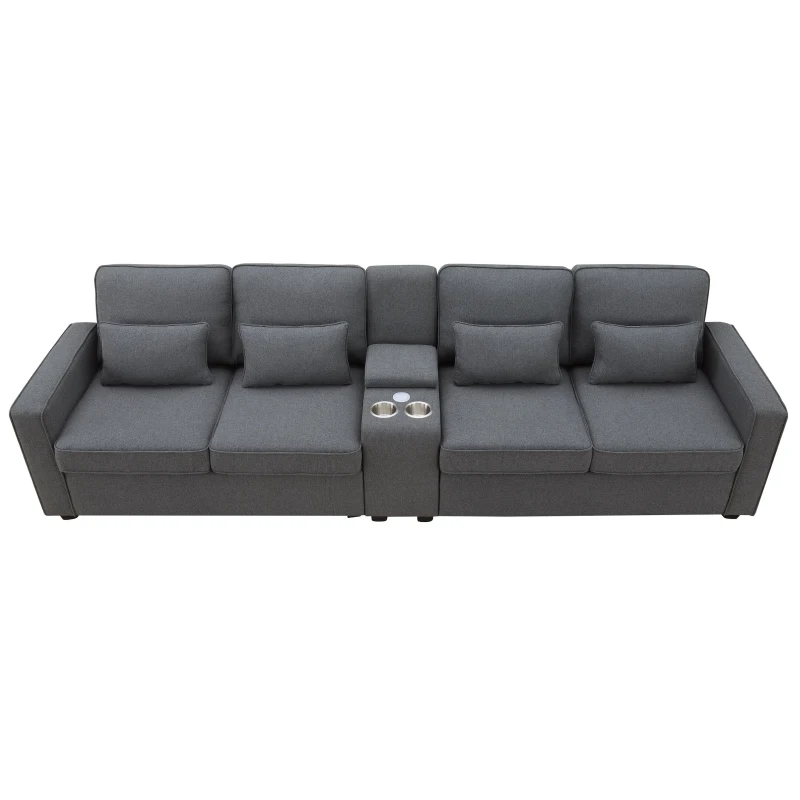 114.5" Modern Linen Fabric Upholstered Sofa with Console, 2 Cupholders, USB Ports, 4 Pillows, 4-Seat, 114.5″ L x 33″ W x 35″ H, Dark Gray