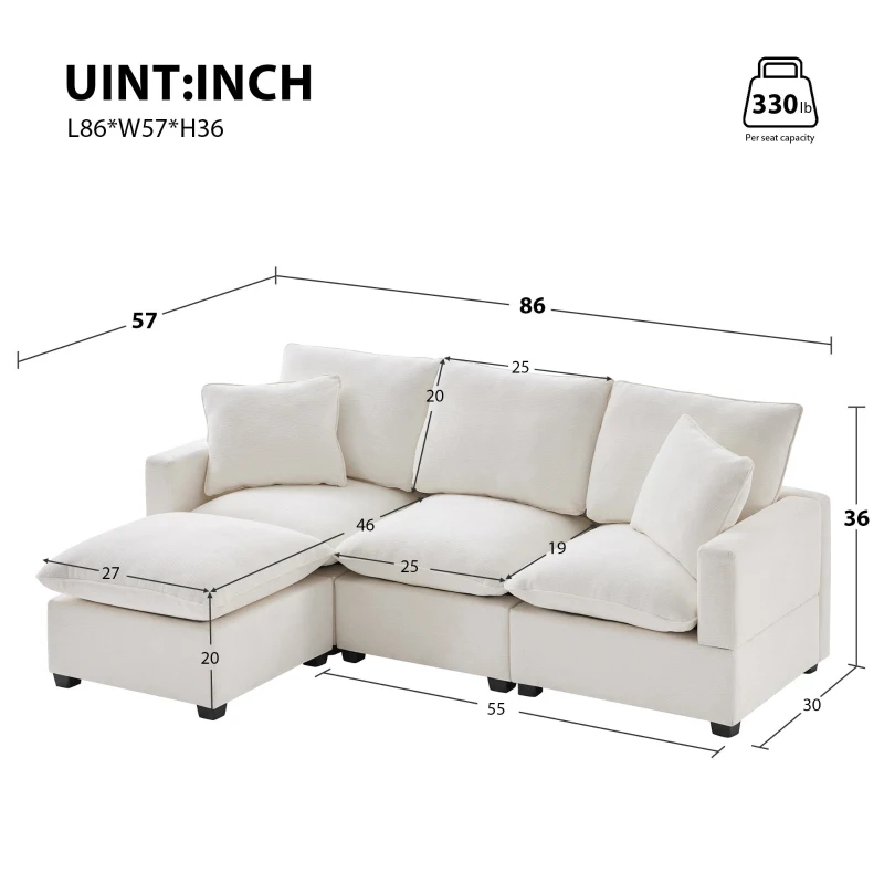 84" x 57" Modern 4-Seat Chenille Modular Sofa Set with 2 Pillows, Freely Combinable, for Living Room, 84″ L x 57″ W x 37″ H, White