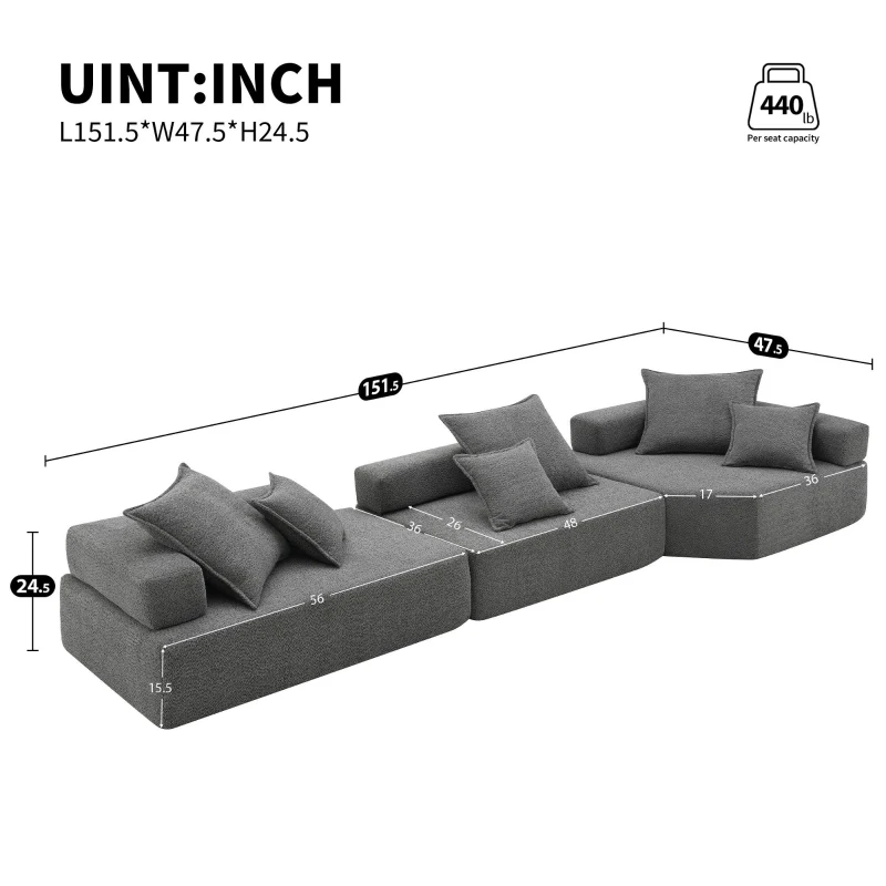 Oversized Modular Sectional Sofa with 3-Piece Free Combination, Convertible Sleeper Couch for Living Room, 151.5" L x 47.5" W x 24.5" H, Gray