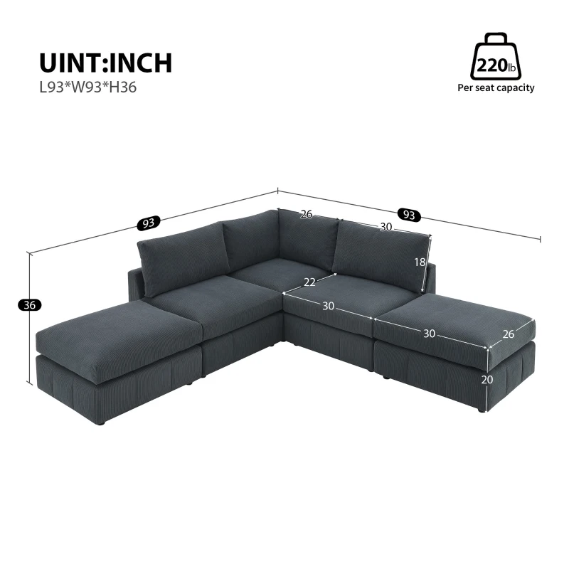 93" Modern Sectional Sofa with Convertible Ottomans and Vertical Stripes, 5-Seat L-Shape Armless Couch Set for Living Room, Dark Gray