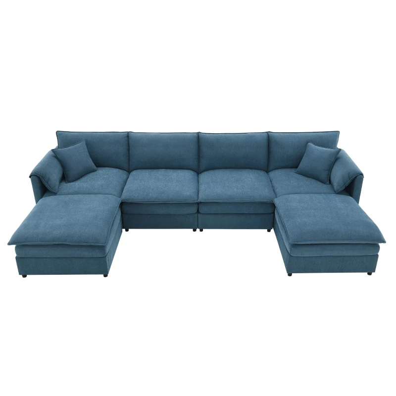 134" Chenille Modular Sectional 6 Seat Sleeper Sofa Bed with Ottomans, Double Cushions, for Living Room, 134″ L x 66″ W x 35″ H, Blue