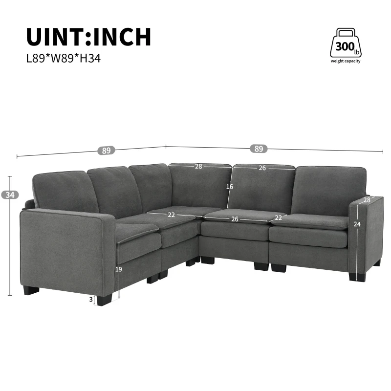 89" L-Shaped Upholstered Indoor Furniture with Double Cushions, 5-Seat Cloud Corner Couch for Living Room, 89″ L x 89″ W x 34″ H, Gray