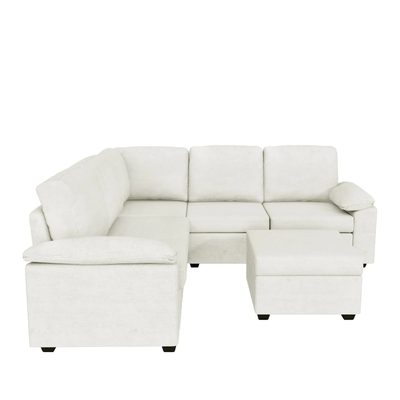 84" x 84" Modern Velvet Sectional Sofa Set with Ottoman and Armrest Pillow, 6-Seat Furniture for Living Room, 84″ L x 84″ W x 35″ H, Beige