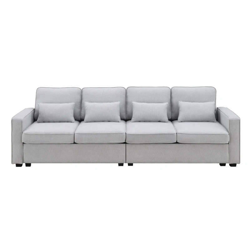 104" 4-Seater Modern Linen Fabric Sofa with Armrest Pockets and 4 Pillows, Minimalist Style, 104″ L x 33″ W x 34.5″ H, Light Gray