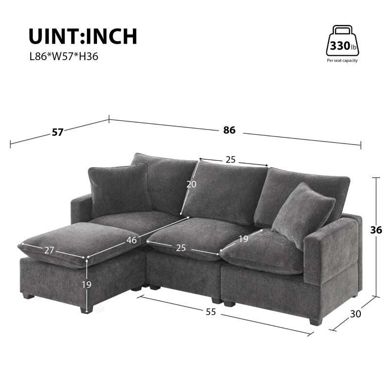 84" x 57" Modern 4-Seat Chenille Modular Sofa Set with 2 Pillows, Freely Combinable, for Living Room, 84″ L x 57″ W x 37″ H, Black+Gray