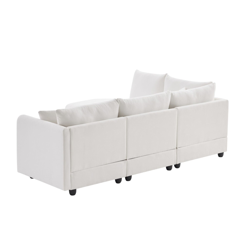 89" x 79" Modern Sectional Sofa with Vertical Stripes and 2 Pillows, 5-Seat Couch with Convertible Ottoman, for Living Room, White
