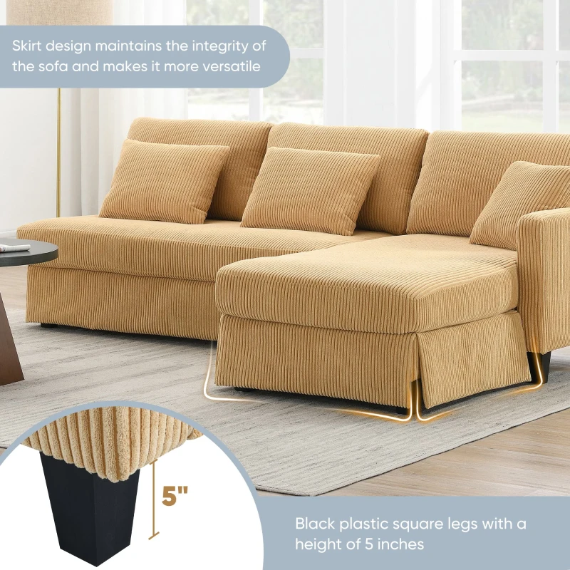 87" x 61" Modern L-Shaped Corduroy Sofa with Reversible Chaise, 4-Seat, Couch with Pillows for Living Room, 87″ L x 61″ W x 33″ H, Yellow