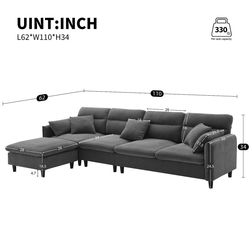 110" Modern L-Shaped Convertible Sectional Sofa with Free Pillows, 5-Seat Indoor Furniture for Living Room, 110″ L x 62″ W x 34″ H, Gray