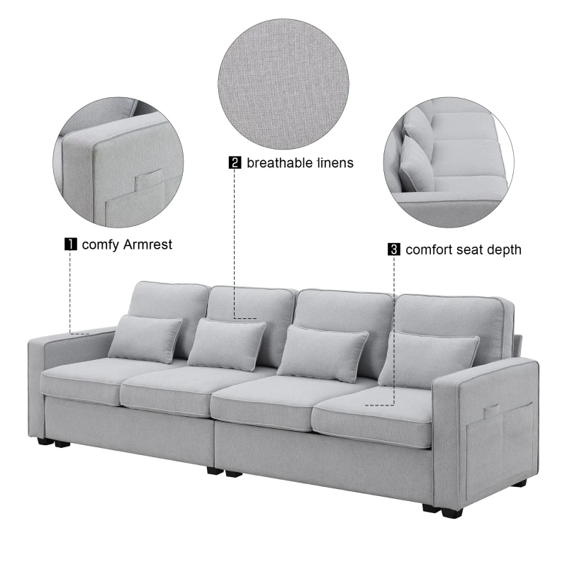 104" 4-Seater Modern Linen Fabric Sofa with Armrest Pockets and 4 Pillows, Minimalist Style, 104″ L x 33″ W x 34.5″ H, Light Gray
