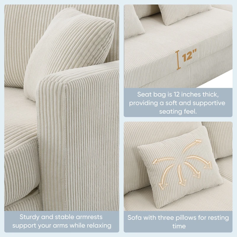 87" x 61" Modern L-Shaped Corduroy Sofa with Reversible Chaise, 4-Seat, Couch with Pillows for Living Room, 87″ L x 61″ W x 33″ H, Beige