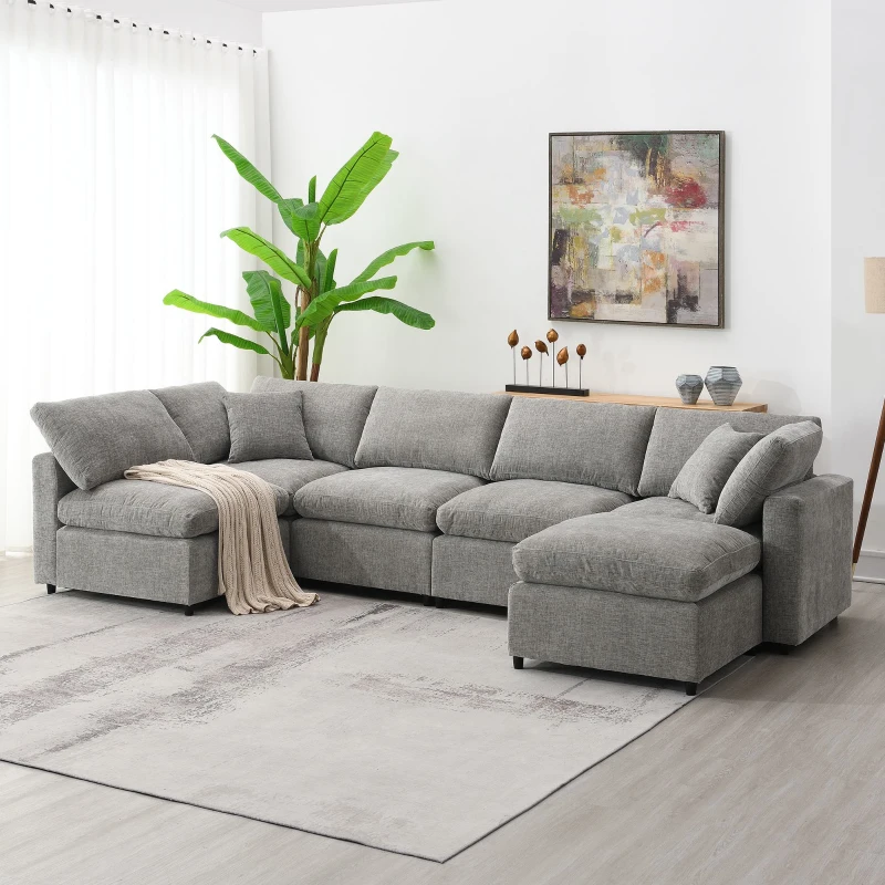130" x 65" Modern Modular Cloud Sofa Bed with Ottoman, 6-Seat, Convertible U Shaped Sofa for Living Room, Apartment, Gray