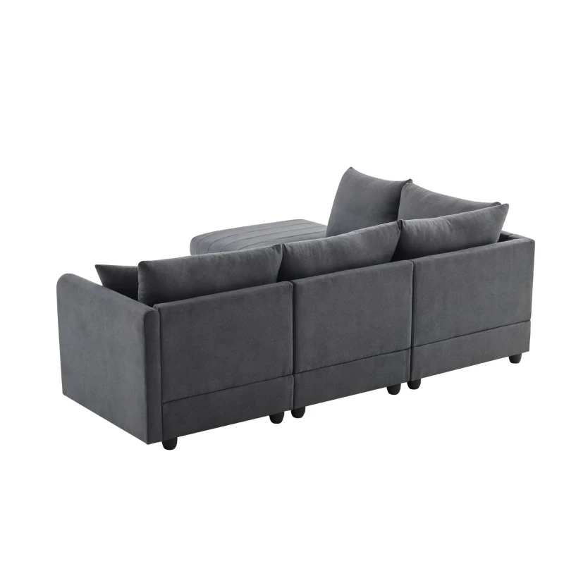 89" x 79" Modern Sectional Sofa with Vertical Stripes and 2 Pillows, 5-Seat Couch with Convertible Ottoman, for Living Room, Dark Gray