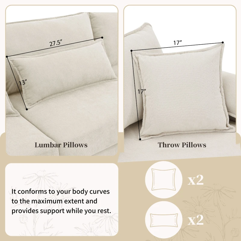 133" x 65" U-Shaped Corduroy Modular Sectional Sofa with Armrest Bags, 6-Seat Freely Combinable Sofa Bed, for Living Room, Beige