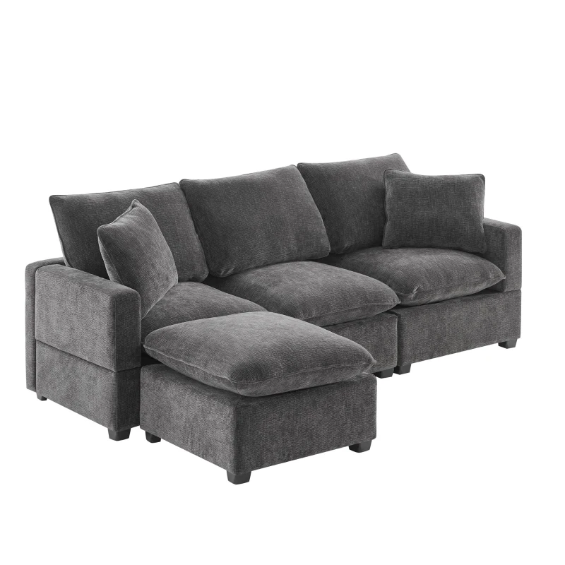 84" x 57" Modern 4-Seat Chenille Modular Sofa Set with 2 Pillows, Freely Combinable, for Living Room, 84″ L x 57″ W x 37″ H, Black+Gray